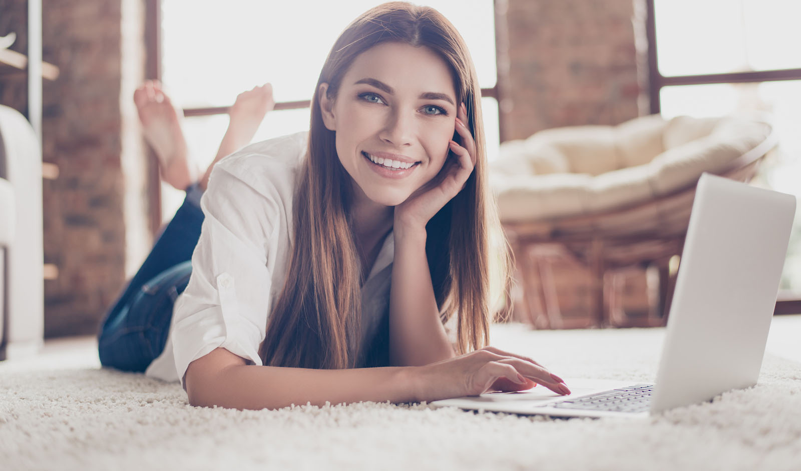 So Comfortable And Easy! Close Up Of Young Happy Girl Typing In